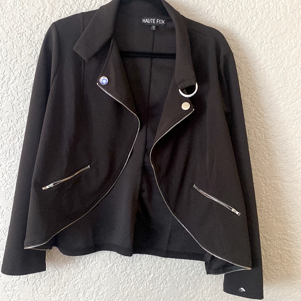 Haute Fox Open-Front Black Moto Blazer, 2X